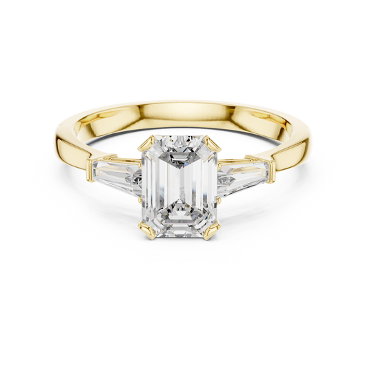 Merald Cut Three-Stone Diamond Ring with Baguettes
