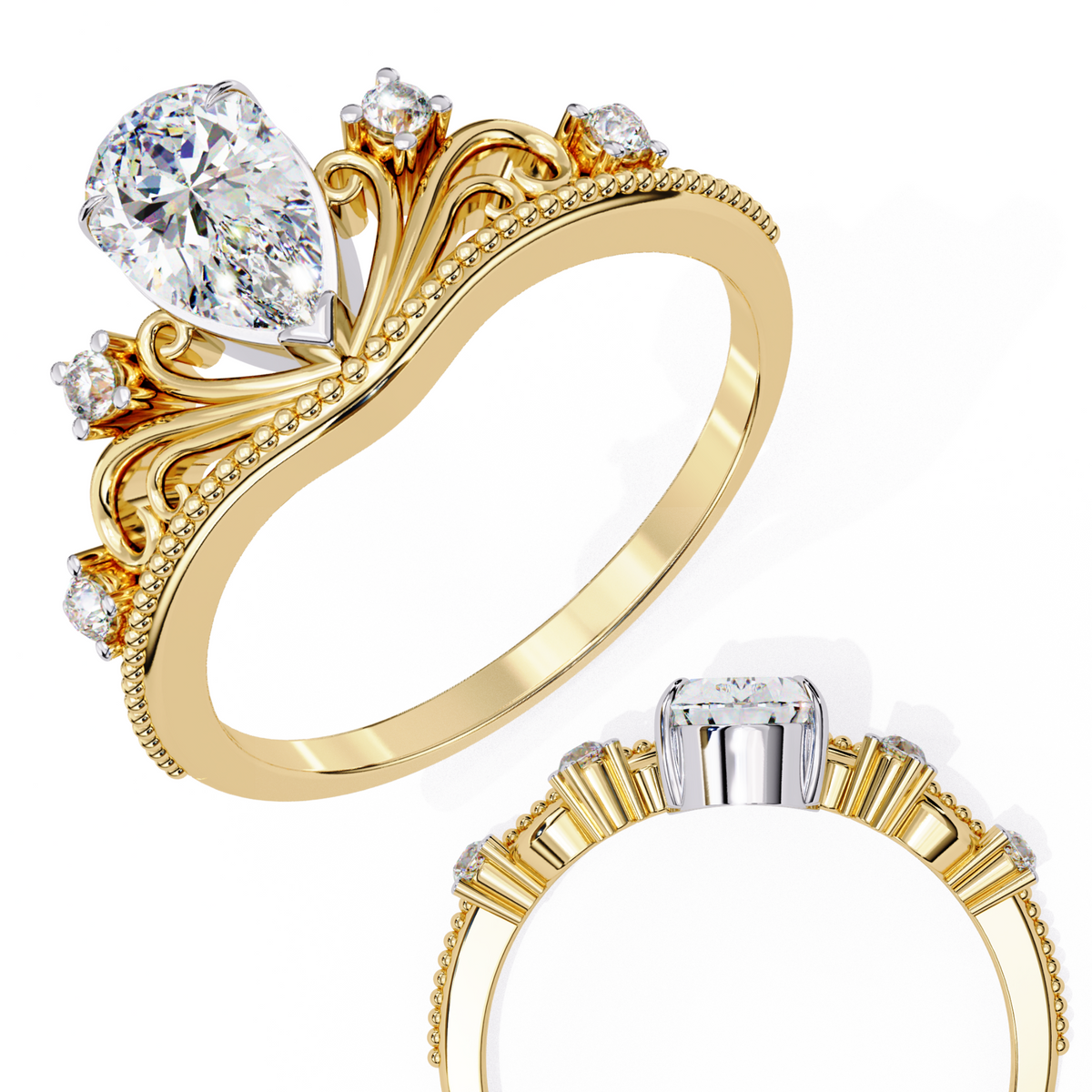 Regal Pear Diamond Tiara Ring Yellow Gold