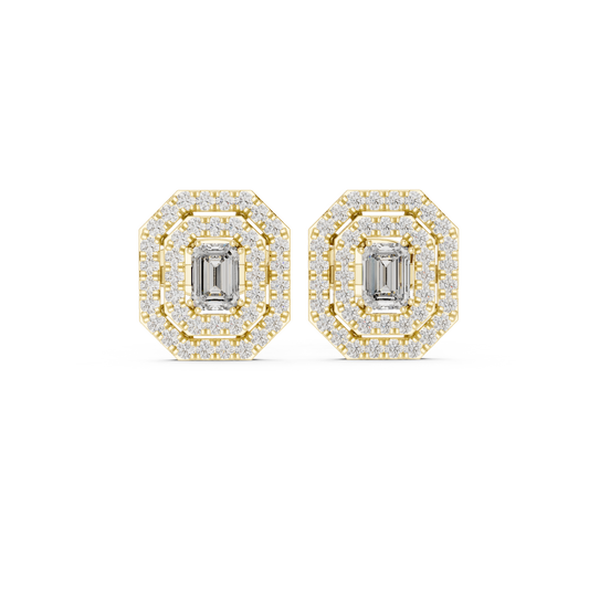 Emerald-Cut Diamond Double Halo Octagon Stud Earrings