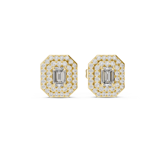Emerald-Cut Diamond Double Halo Stud Earrings