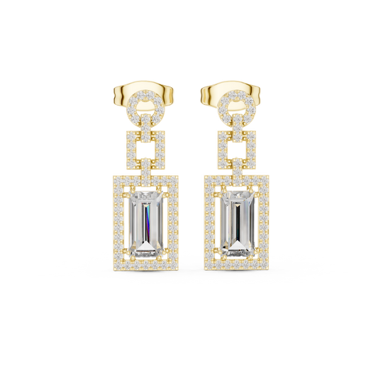 Geometric Art Deco Emerald-Cut Diamond Drop Earrings