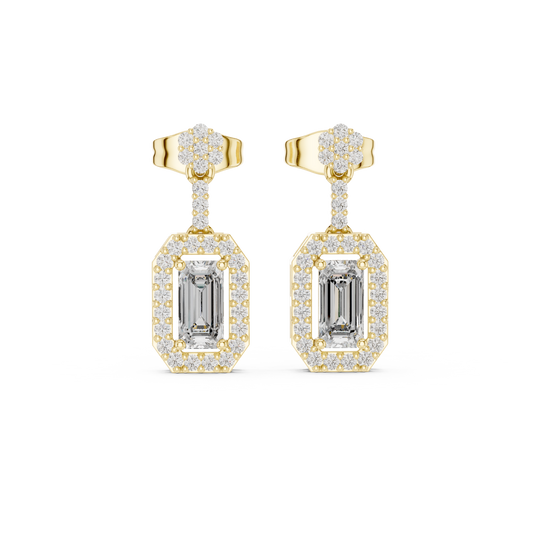 Emerald-Cut Diamond Halo Octagon Drop Earrings