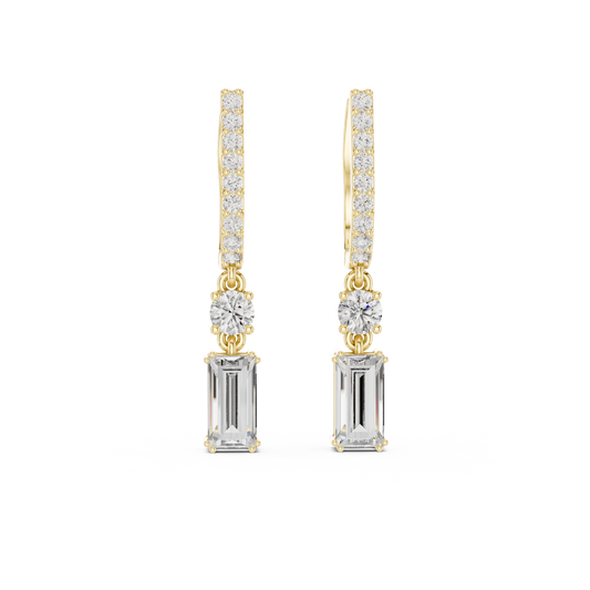 Elegant Emerald and Round Cut Diamond Drop Hoop Earrings