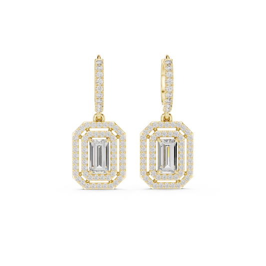Emerald Cut Diamond Halo Drop Earrings