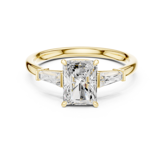 Radiant Cut Three-Stone Engagement Ring with Tapered Baguette Side Stones