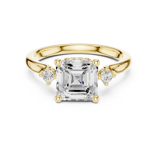 Asscher Cut Three-Stone Ring with Round Side Accents