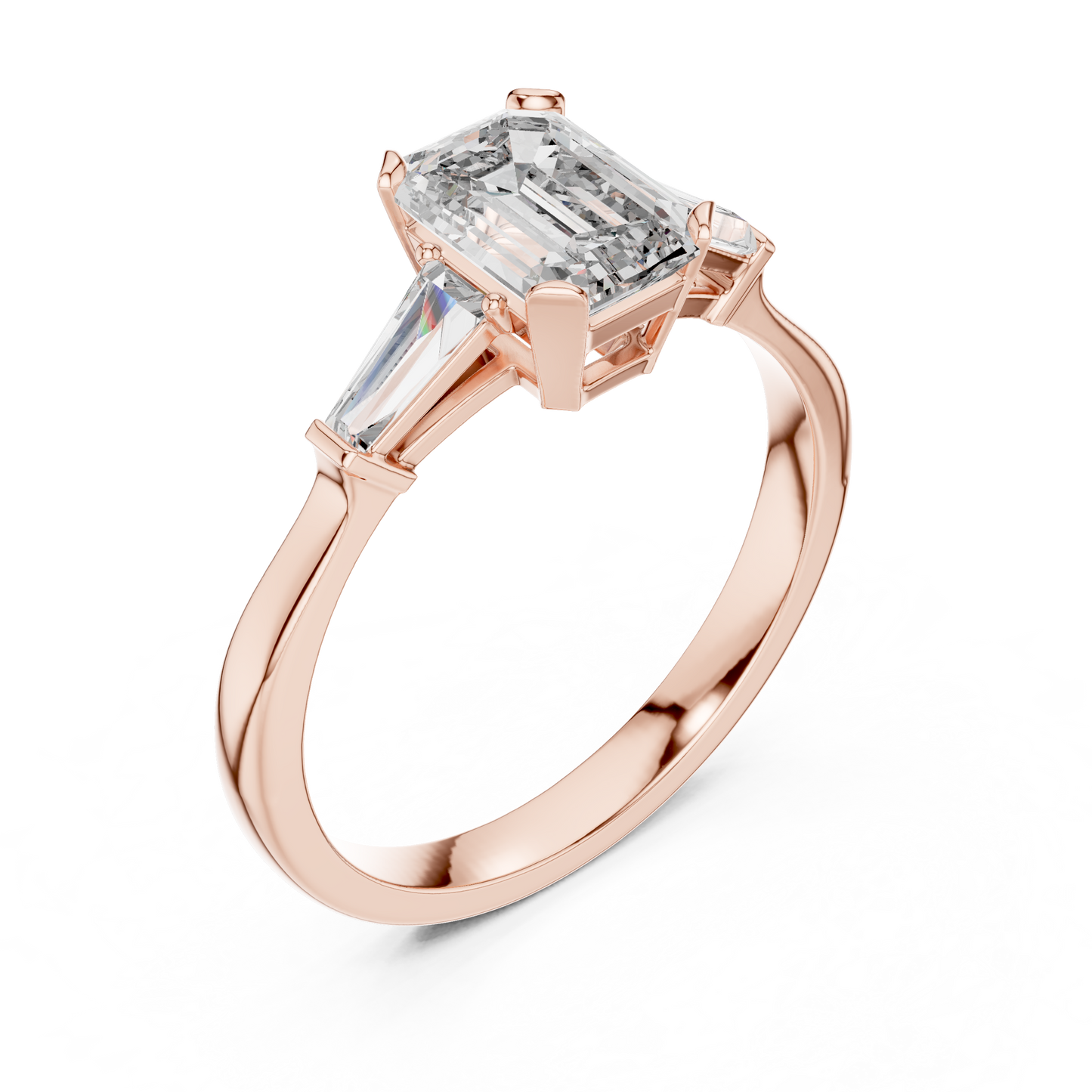 Merald Cut Three-Stone Diamond Ring with Baguettes