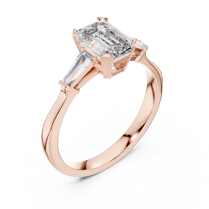 Merald Cut Three-Stone Diamond Ring with Baguettes