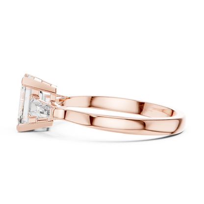 Merald Cut Three-Stone Diamond Ring with Baguettes
