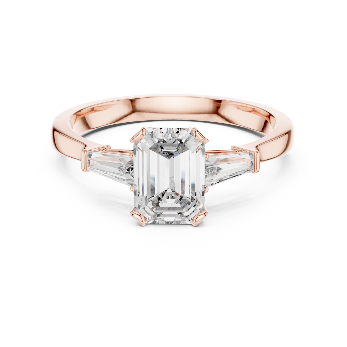 Merald Cut Three-Stone Diamond Ring with Baguettes