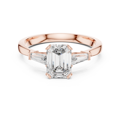 Merald Cut Three-Stone Diamond Ring with Baguettes