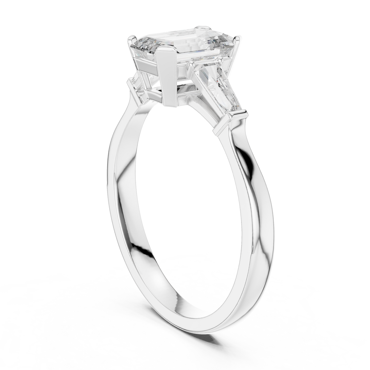 Merald Cut Three-Stone Diamond Ring with Baguettes