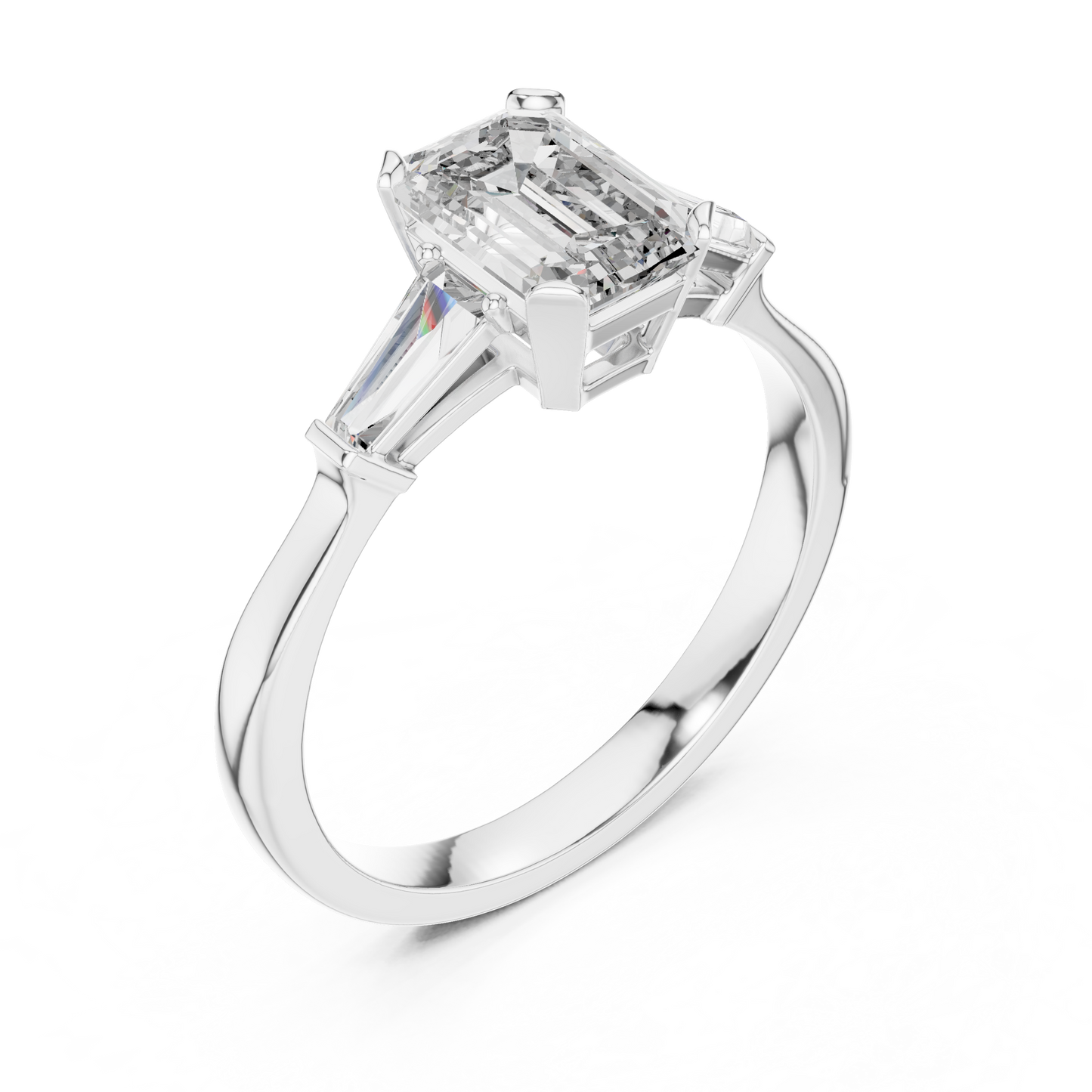 Merald Cut Three-Stone Diamond Ring with Baguettes