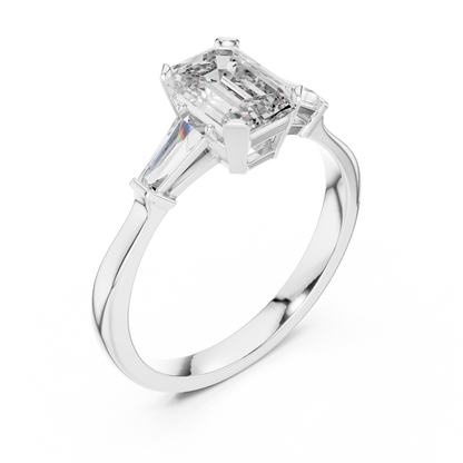 Merald Cut Three-Stone Diamond Ring with Baguettes