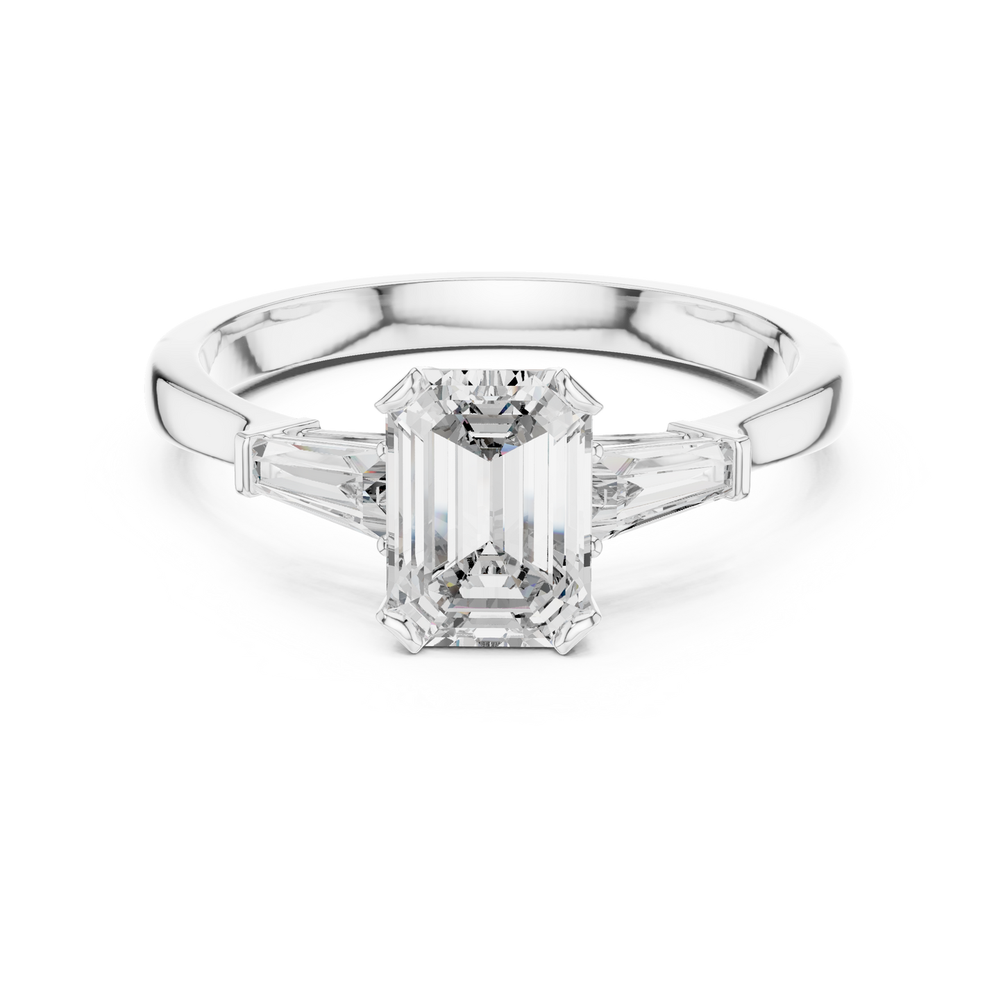 Merald Cut Three-Stone Diamond Ring with Baguettes