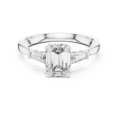 Merald Cut Three-Stone Diamond Ring with Baguettes