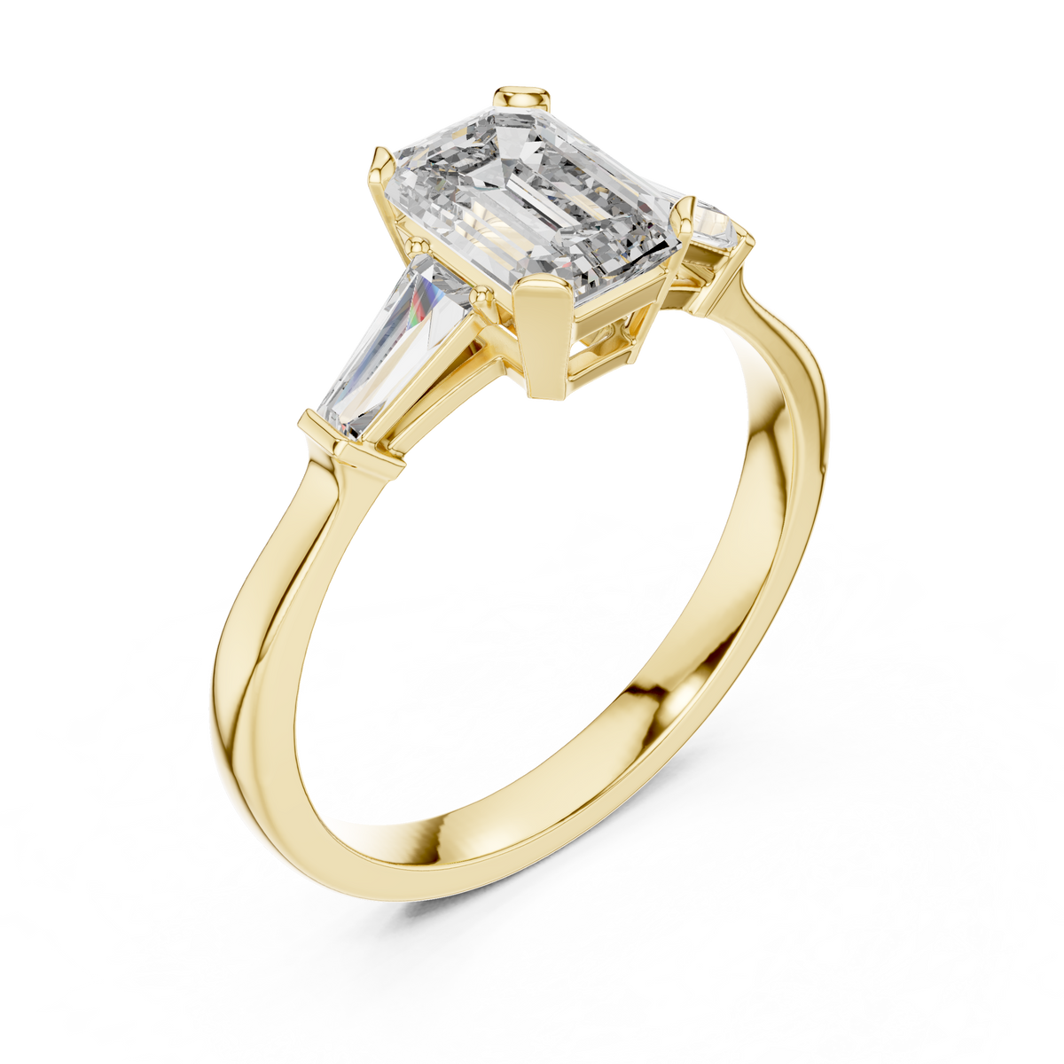 Merald Cut Three-Stone Diamond Ring with Baguettes