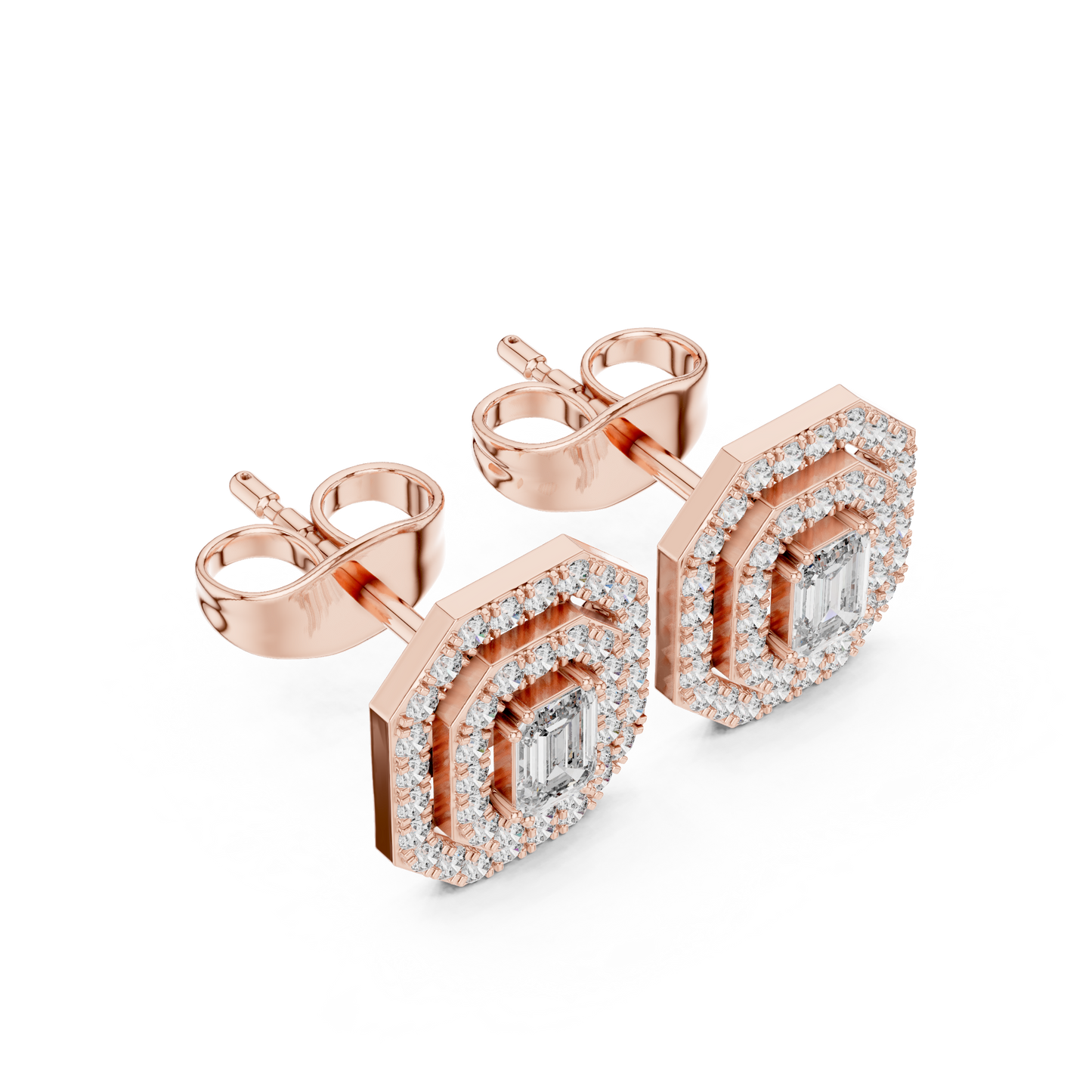 Emerald-Cut Diamond Double Halo Octagon Stud Earrings
