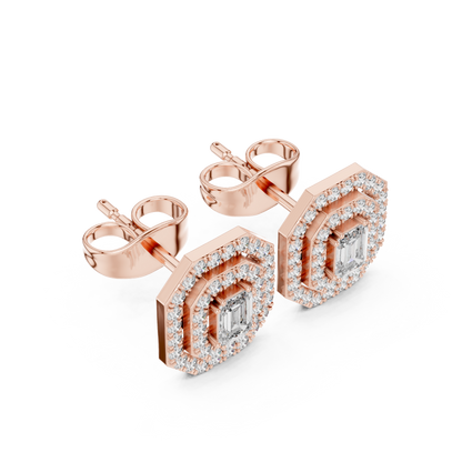 Emerald-Cut Diamond Double Halo Octagon Stud Earrings