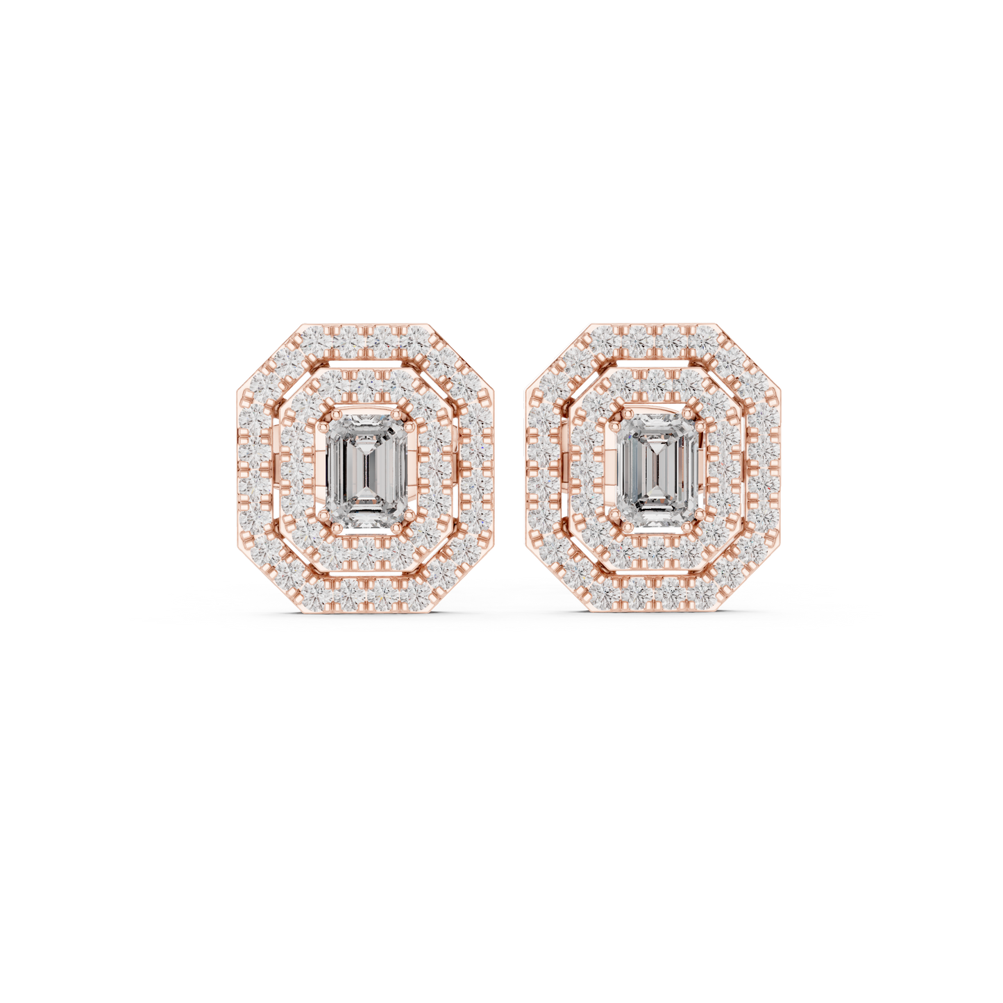 Emerald-Cut Diamond Double Halo Octagon Stud Earrings
