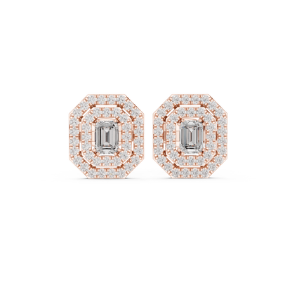 Emerald-Cut Diamond Double Halo Octagon Stud Earrings