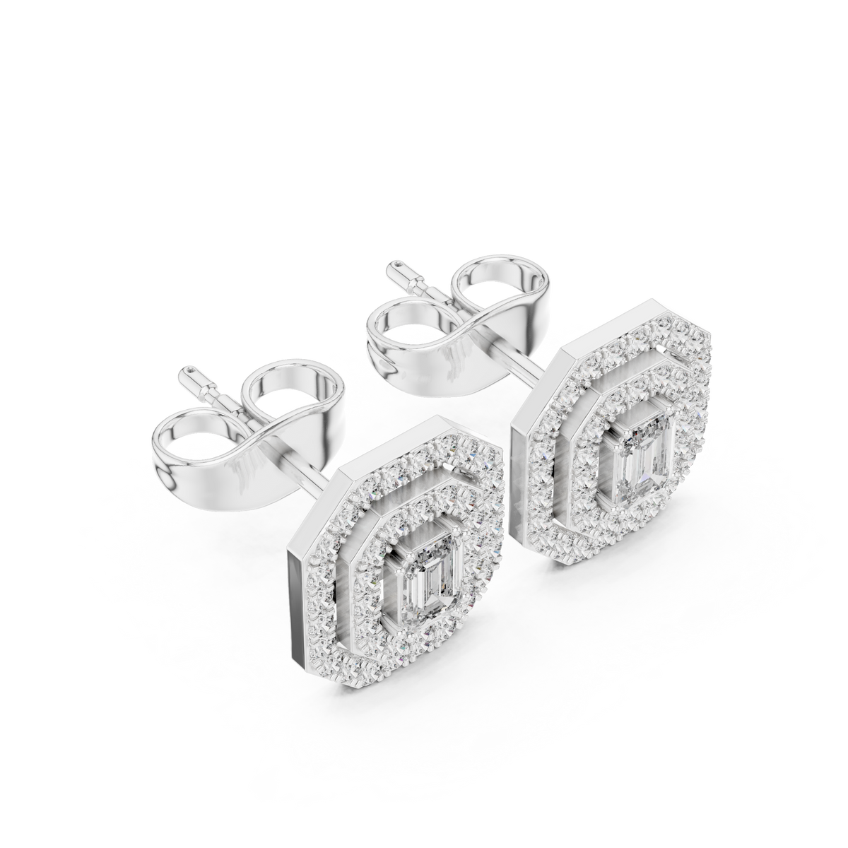 Emerald-Cut Diamond Double Halo Octagon Stud Earrings