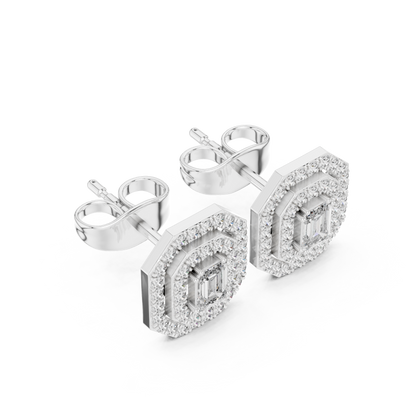 Emerald-Cut Diamond Double Halo Octagon Stud Earrings