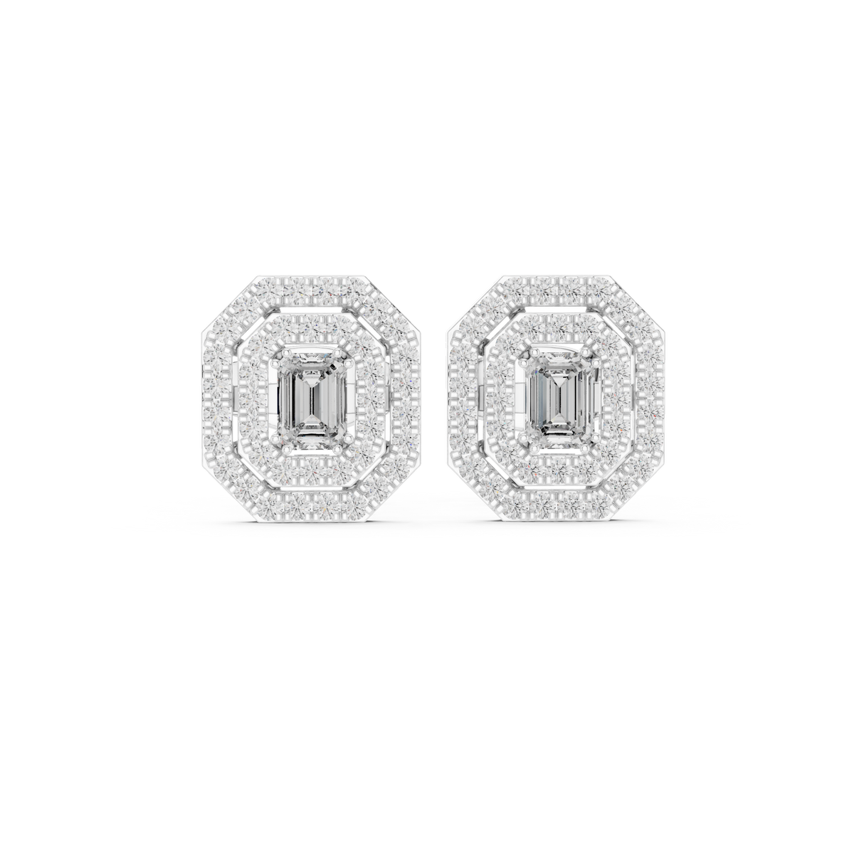 Emerald-Cut Diamond Double Halo Octagon Stud Earrings