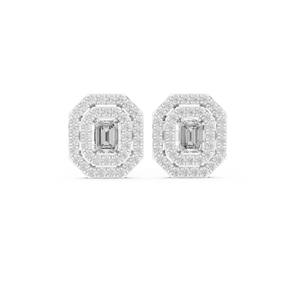 Emerald-Cut Diamond Double Halo Octagon Stud Earrings