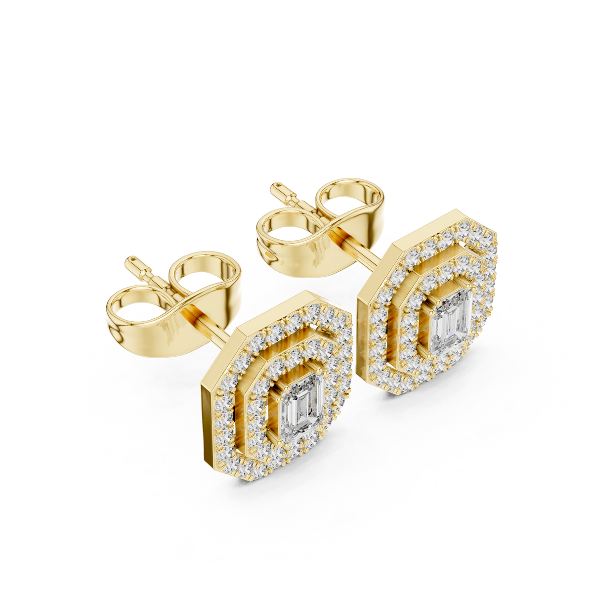Emerald-Cut Diamond Double Halo Octagon Stud Earrings