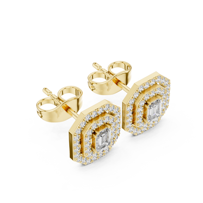 Emerald-Cut Diamond Double Halo Octagon Stud Earrings