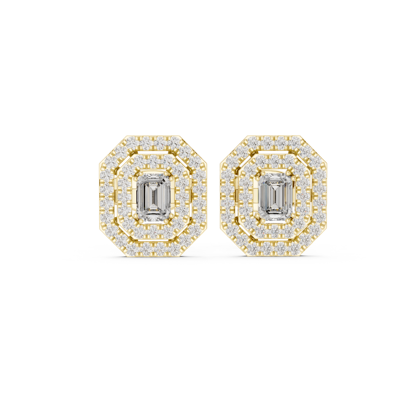 Emerald-Cut Diamond Double Halo Octagon Stud Earrings