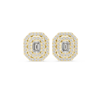 Emerald-Cut Diamond Double Halo Octagon Stud Earrings