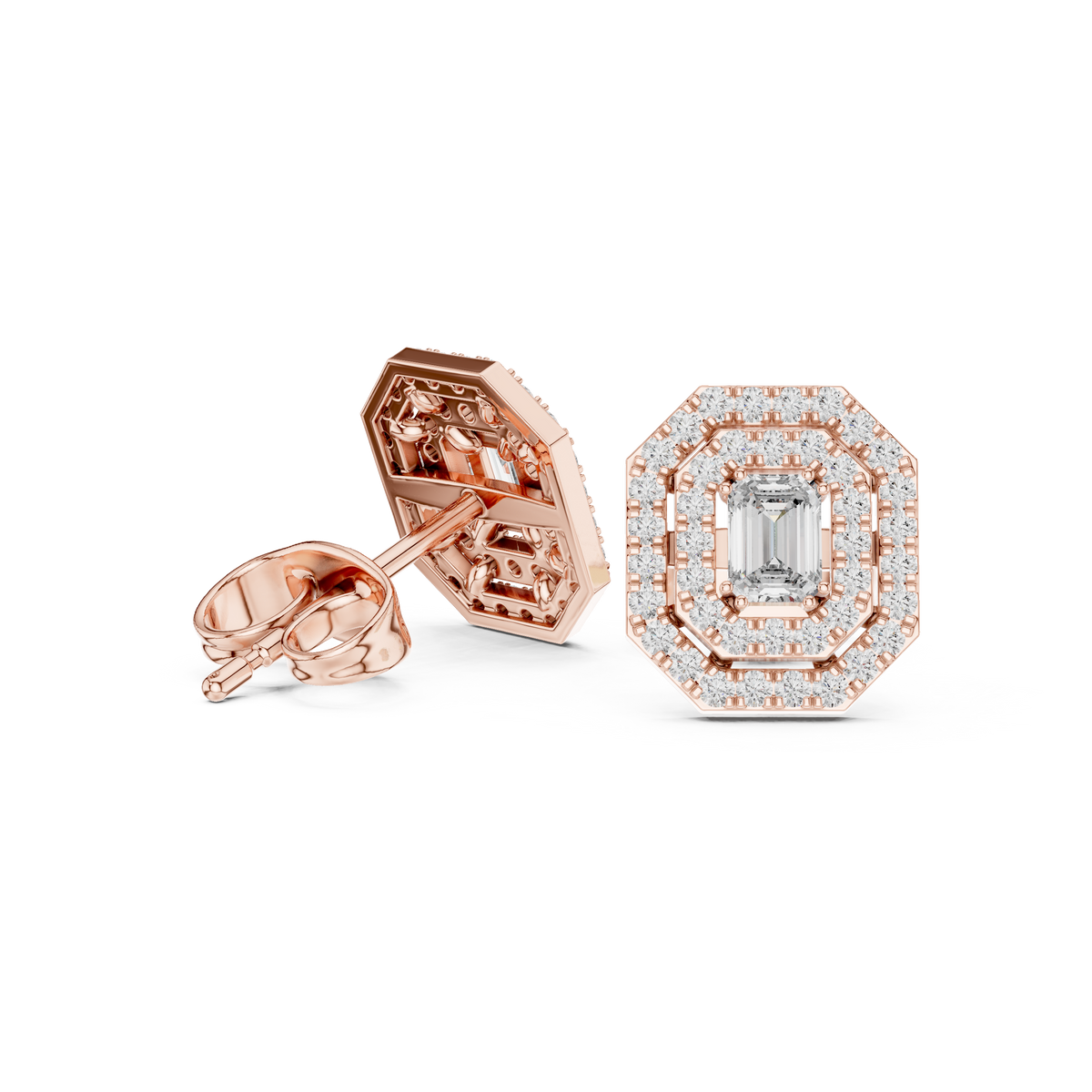 Emerald-Cut Diamond Double Halo Octagon Stud Earrings