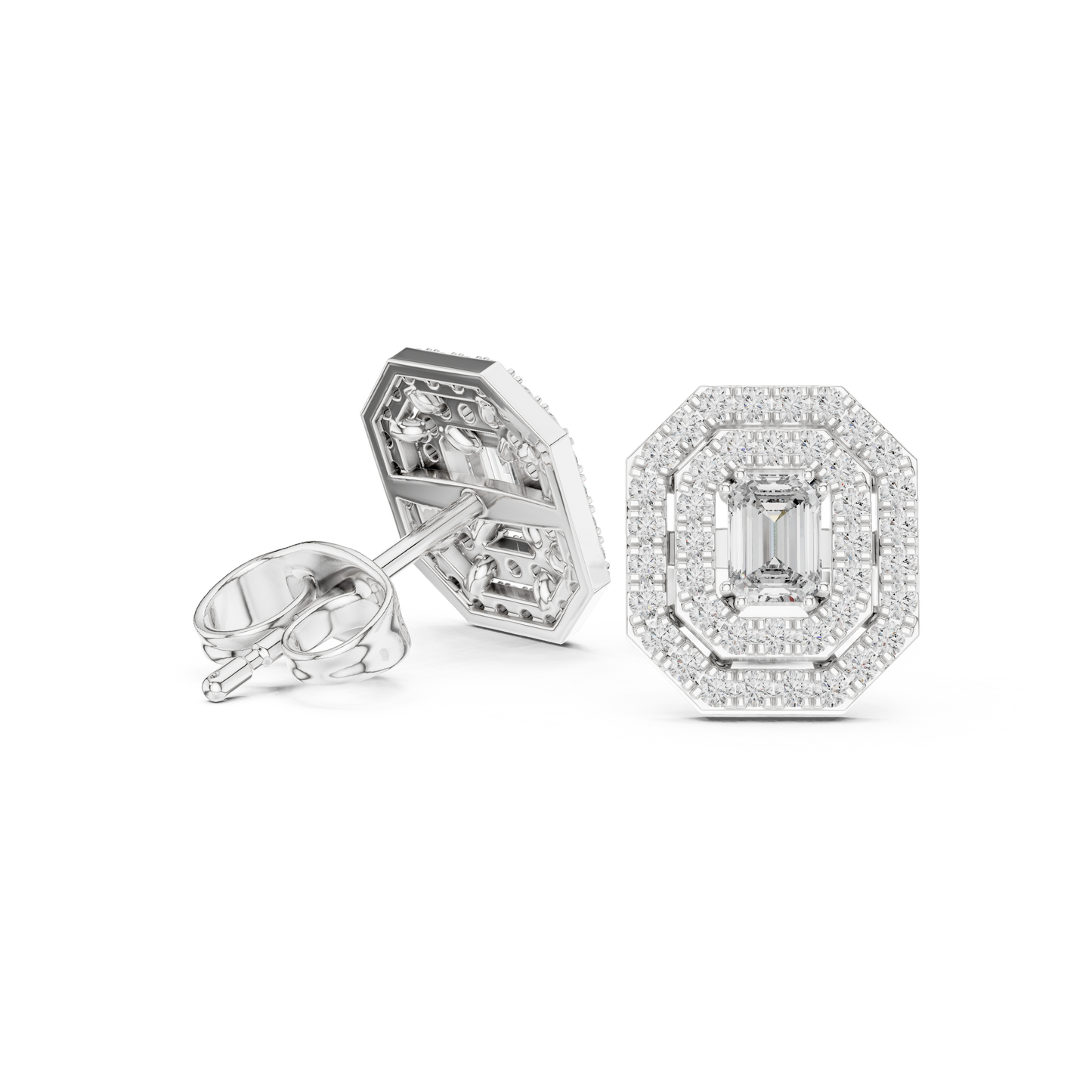 Emerald-Cut Diamond Double Halo Octagon Stud Earrings