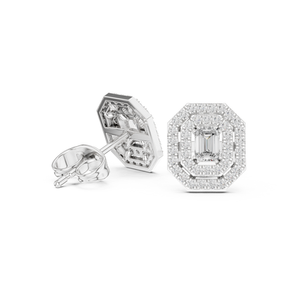 Emerald-Cut Diamond Double Halo Octagon Stud Earrings