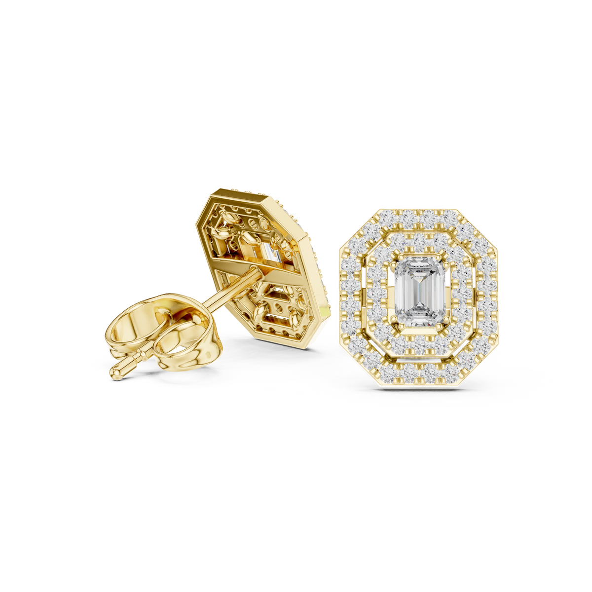 Emerald-Cut Diamond Double Halo Octagon Stud Earrings