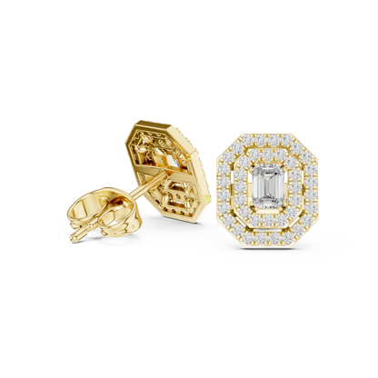 Emerald-Cut Diamond Double Halo Octagon Stud Earrings