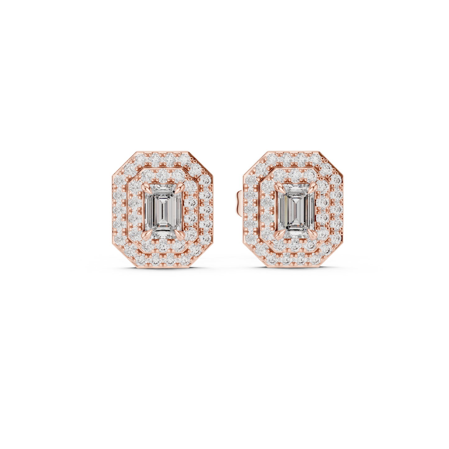 Emerald-Cut Diamond Double Halo Stud Earrings