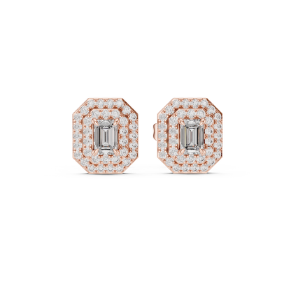 Emerald-Cut Diamond Double Halo Stud Earrings