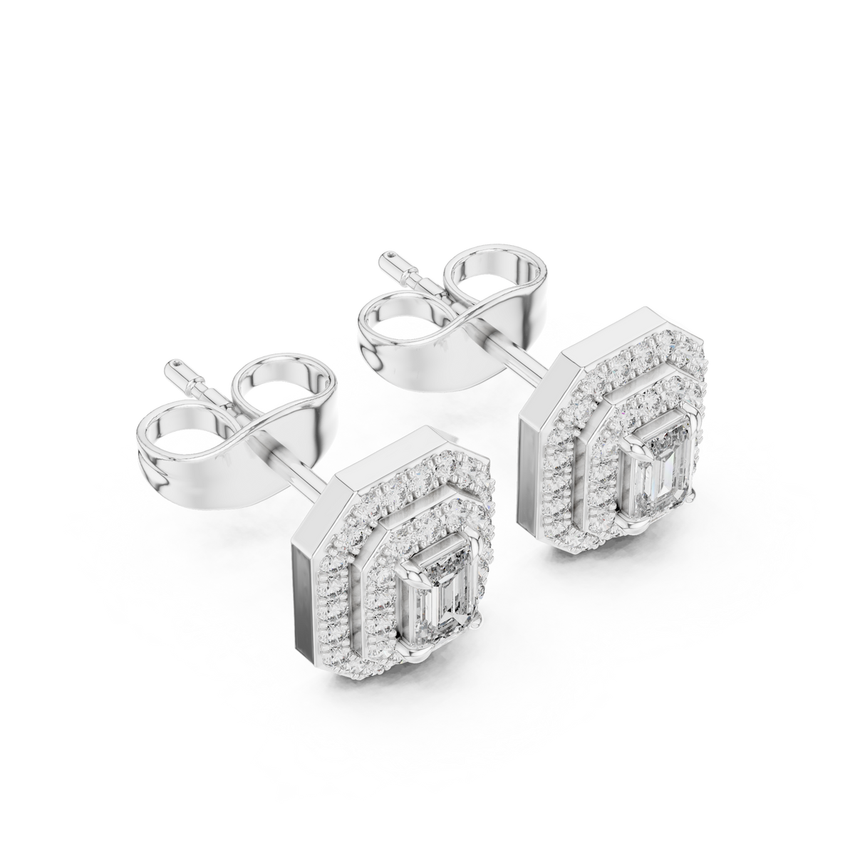 Emerald-Cut Diamond Double Halo Stud Earrings