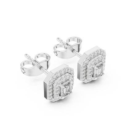 Emerald-Cut Diamond Double Halo Stud Earrings