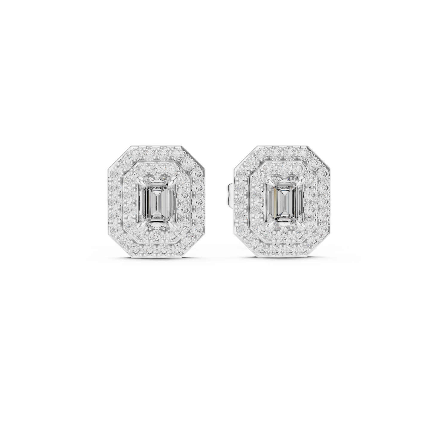 Emerald-Cut Diamond Double Halo Stud Earrings