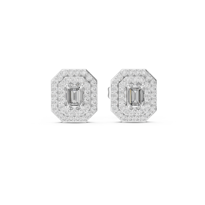 Emerald-Cut Diamond Double Halo Stud Earrings