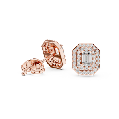 Emerald-Cut Diamond Double Halo Stud Earrings