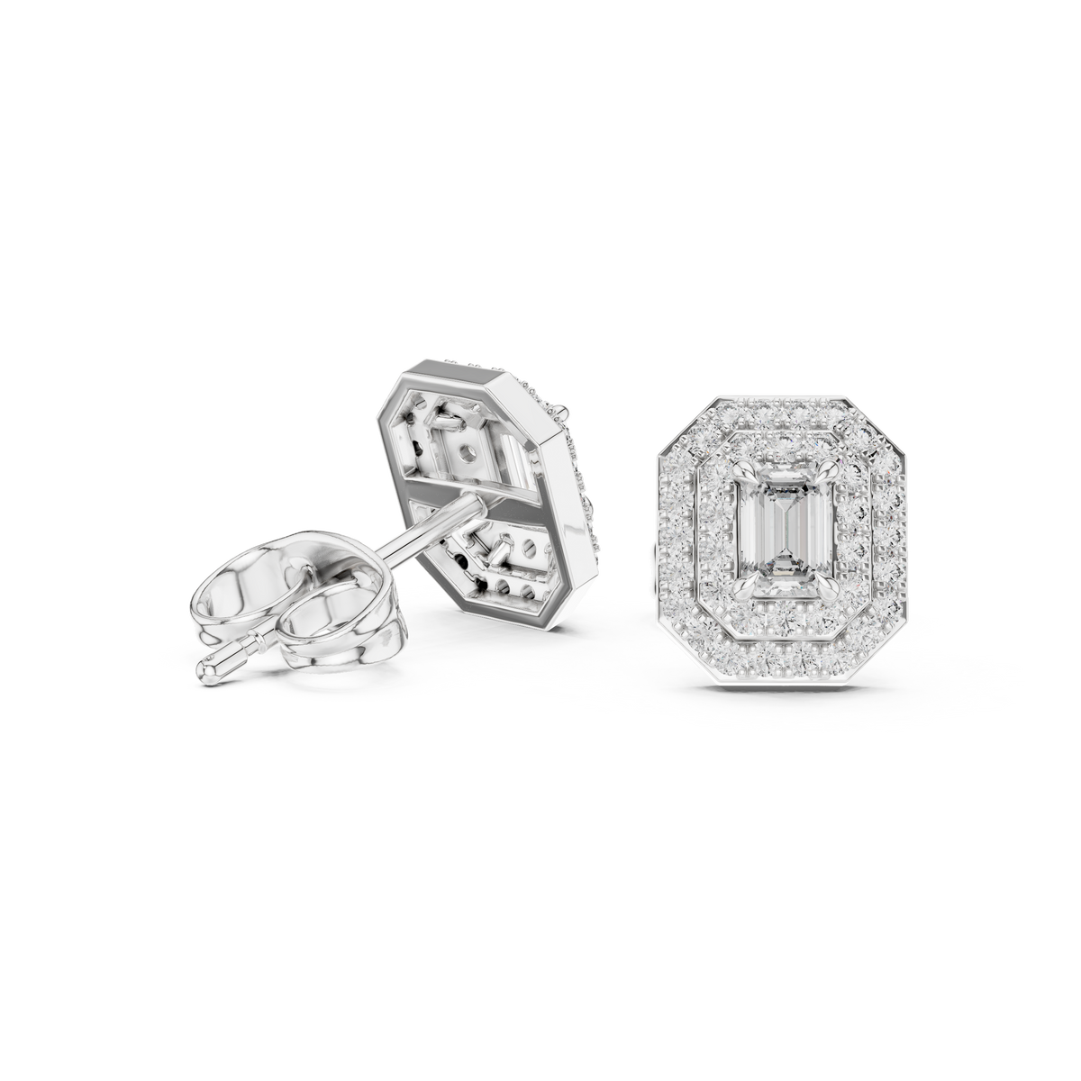 Emerald-Cut Diamond Double Halo Stud Earrings