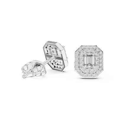 Emerald-Cut Diamond Double Halo Stud Earrings