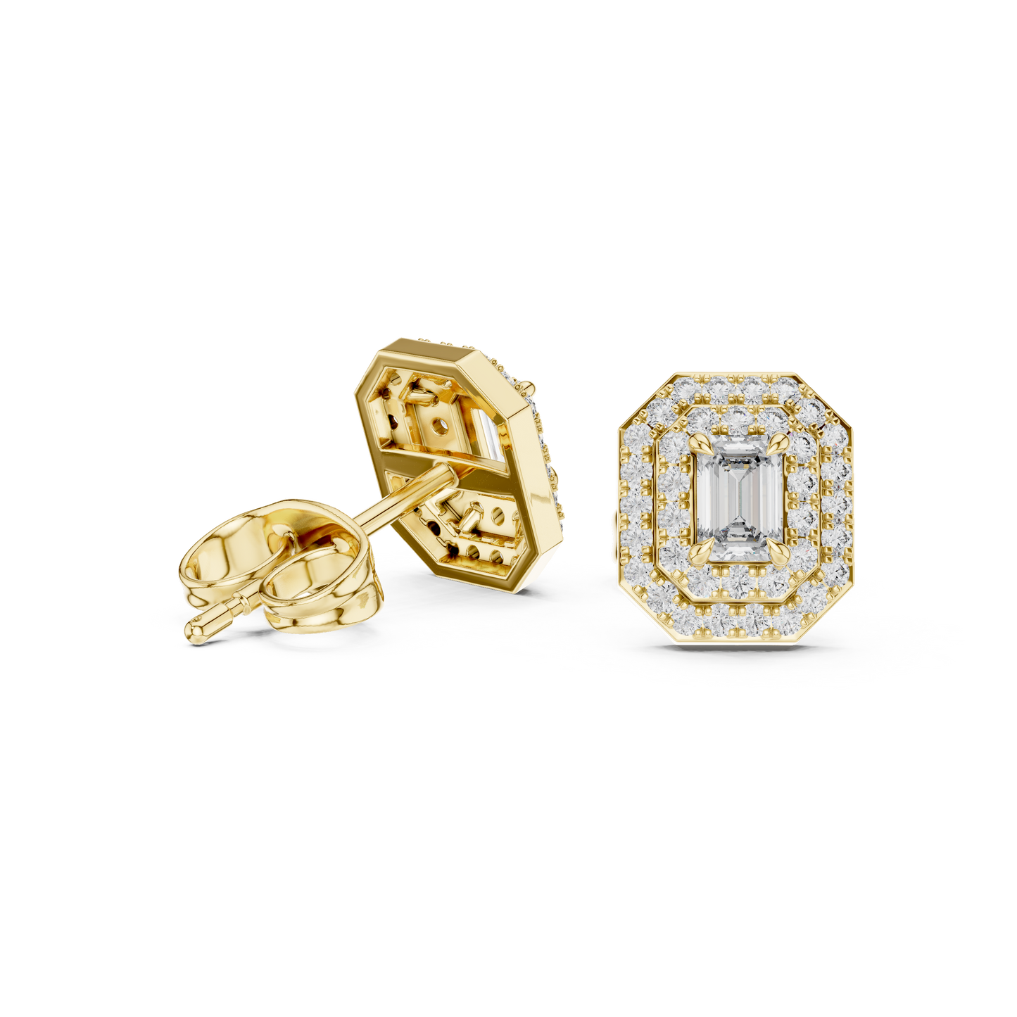 Emerald-Cut Diamond Double Halo Stud Earrings