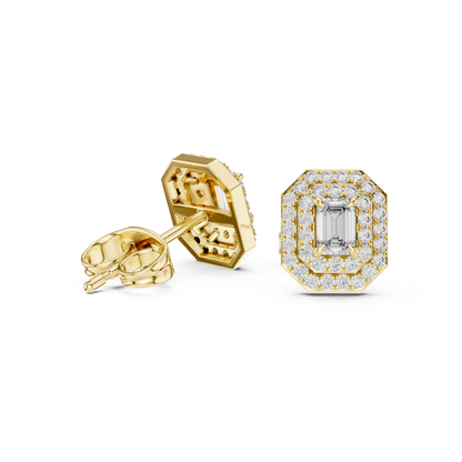 Emerald-Cut Diamond Double Halo Stud Earrings