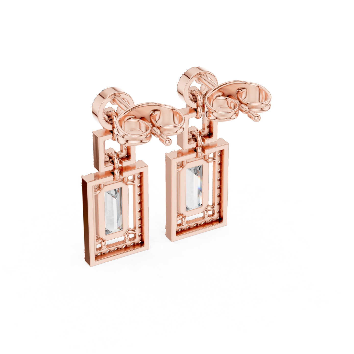 Geometric Art Deco Emerald-Cut Diamond Drop Earrings